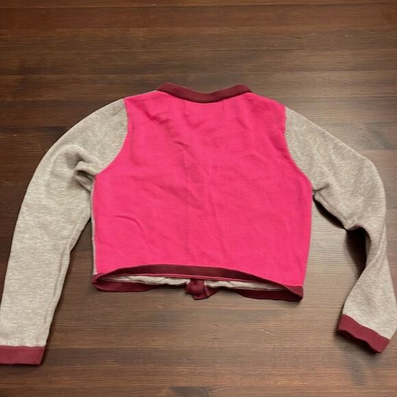 Lands’ End Girls Cropped Gray Pink Cardigan Sweater Dog Glasses Size Medium 5-6 - Picture 2 of 5